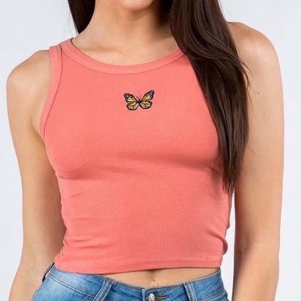 Coral Ribbed Butterfly Crop Tank Top - Women